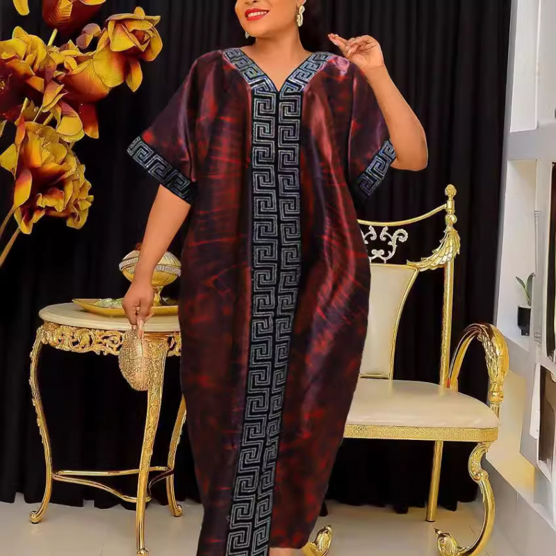 AliExpress 024 Široka haljina s printom perlica i turbanom za žene, plus size