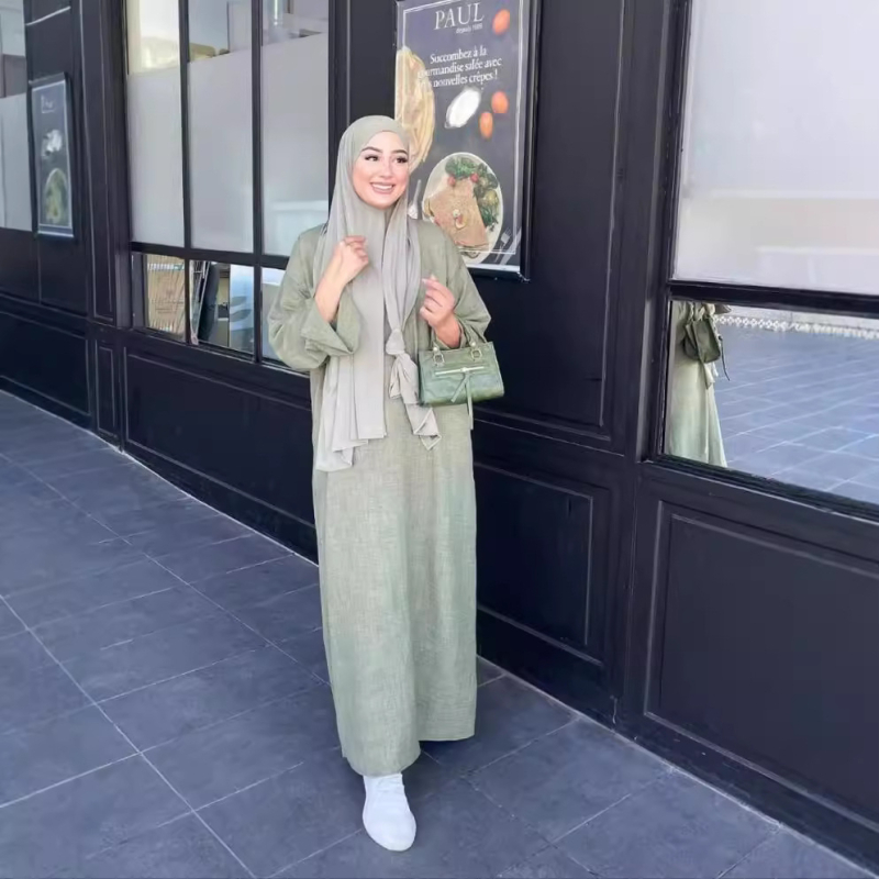 Izravna opskrba tvornice Iduo preko granice Nova ležerna malajska haljina s okruglim izrezom i manžetama, haljina s rascjepom 24715