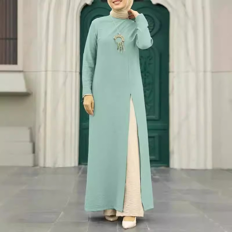 2024. aasta mosleminaiste rõivakomplekt, jääsiidist kortsulised pikad varrukad, kõrge lõhikuga alläär, ühevärviline, elegantne ja stiilne hommikumantel, moodne stiil