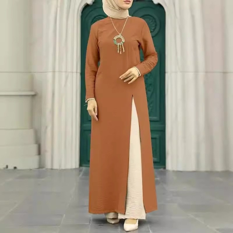 2024. aasta mosleminaiste rõivakomplekt, jääsiidist kortsulised pikad varrukad, kõrge lõhikuga alläär, ühevärviline, elegantne ja stiilne hommikumantel, moodne stiil
