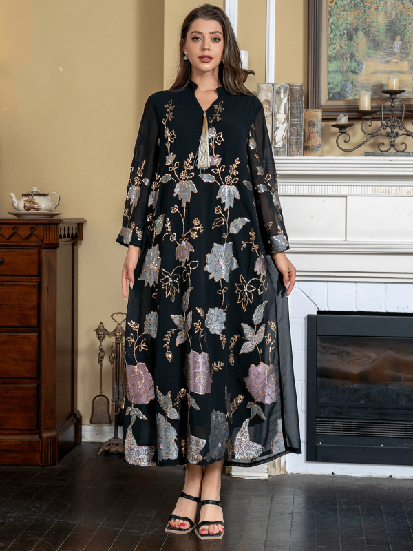 ZD018 Közel-keleti határokon átnyúló, új érkezésű muszlim köntös, flitteres hímzésű női divatos bojtos Dubai ruha