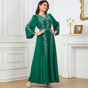 3842 Amazon Közel-Kelet Határon Átnyúló Női V-nyakú Hosszú Ruha Hímzett Gyöngyös Muszlim Köntös Új Ruha
