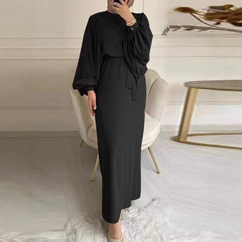 2024 moslimské amazonské módne dámske šaty s dlhým rukávom a okrúhlym výstrihom, rukávom a pásom, s dlhým rukávom