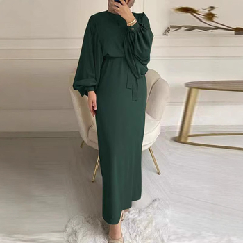 2024 moslimské amazonské módne dámske šaty s dlhým rukávom a okrúhlym výstrihom, rukávom a pásom, s dlhým rukávom
