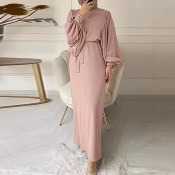 2024 moslimské amazonské módne dámske šaty s dlhým rukávom a okrúhlym výstrihom, rukávom a pásom, s dlhým rukávom