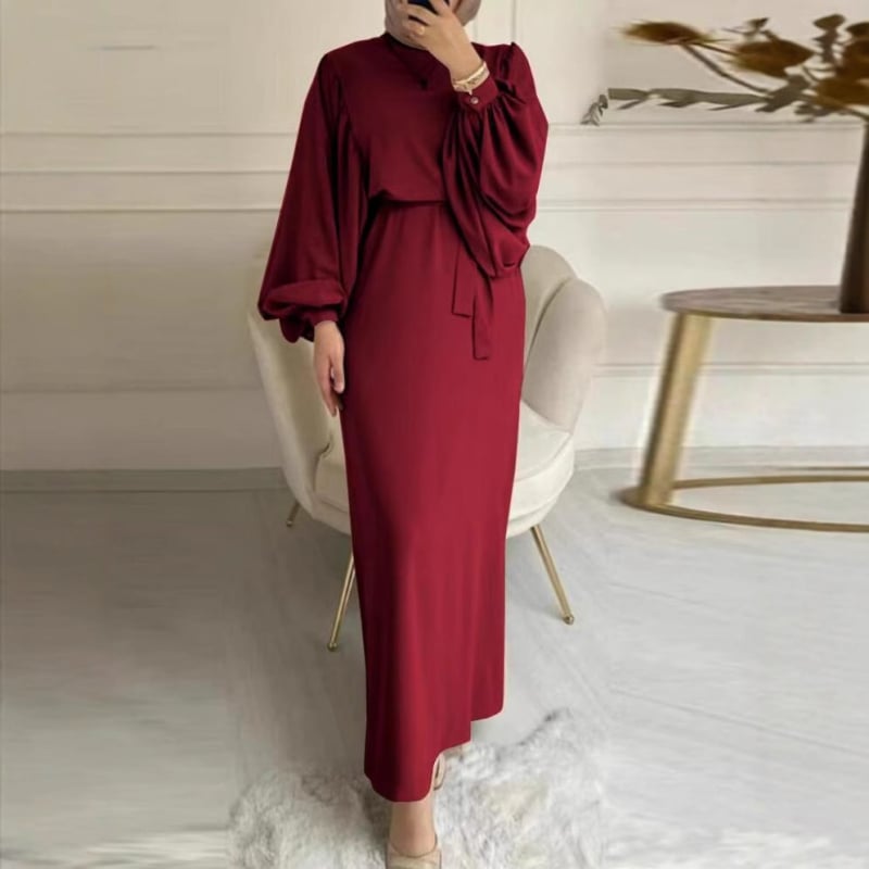 2024 moslimské amazonské módne dámske šaty s dlhým rukávom a okrúhlym výstrihom, rukávom a pásom, s dlhým rukávom