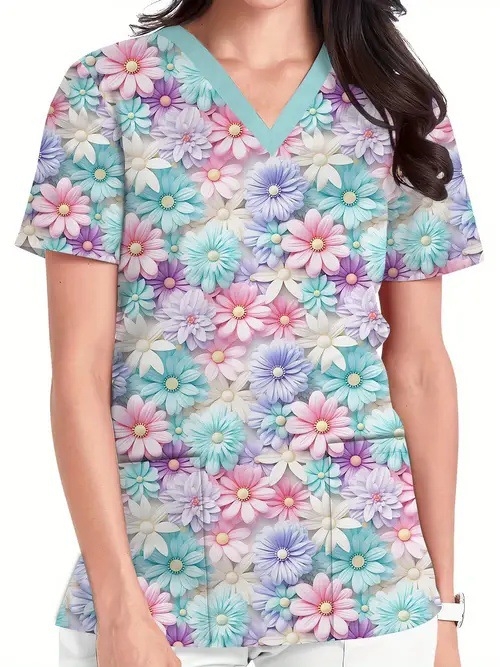 Vanjska trgovina prekogranična vruća prodaja 3D digitalni tisak ženske široke majice s V-izrezom i kratkim rukavima, ramenima, Joker s dvostrukim džepom, odjeća za njegu