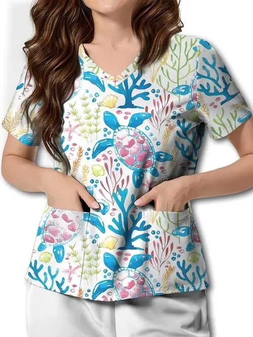 Vanjska trgovina prekogranična vruća prodaja 3D digitalni tisak ženske široke majice s V-izrezom i kratkim rukavima, ramenima, Joker s dvostrukim džepom, odjeća za njegu