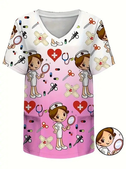 Vanjska trgovina prekogranična vruća prodaja 3D digitalni tisak ženske široke majice s V-izrezom i kratkim rukavima, ramenima, Joker s dvostrukim džepom, odjeća za njegu