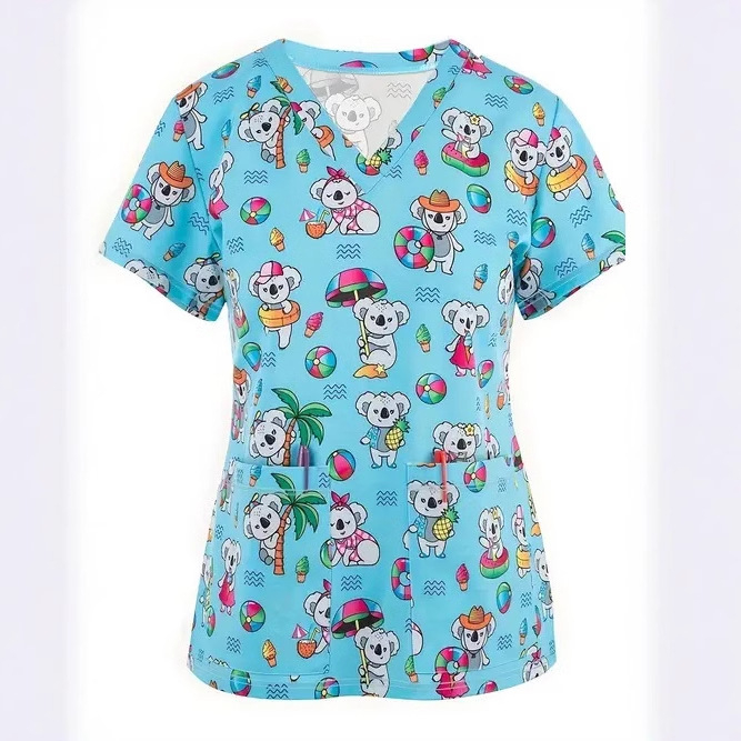 Vanjska trgovina prekogranična vruća prodaja 3D digitalni tisak ženske široke majice s V-izrezom i kratkim rukavima, ramenima, Joker s dvostrukim džepom, odjeća za njegu