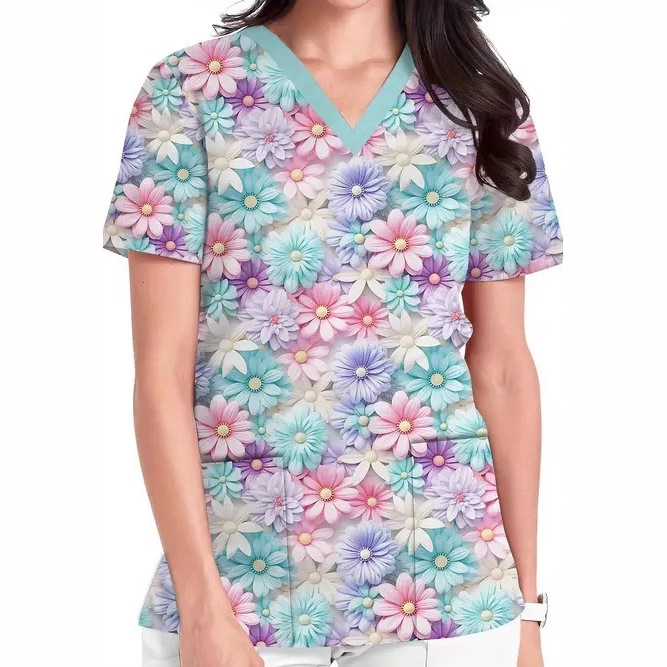 Vanjska trgovina prekogranična vruća prodaja 3D digitalni tisak ženske široke majice s V-izrezom i kratkim rukavima, ramenima, Joker s dvostrukim džepom, odjeća za njegu