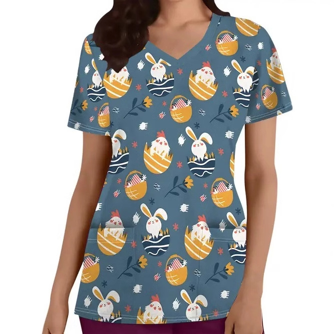 Vanjska trgovina prekogranična vruća prodaja 3D digitalni tisak ženske široke majice s V-izrezom i kratkim rukavima, ramenima, Joker s dvostrukim džepom, odjeća za njegu