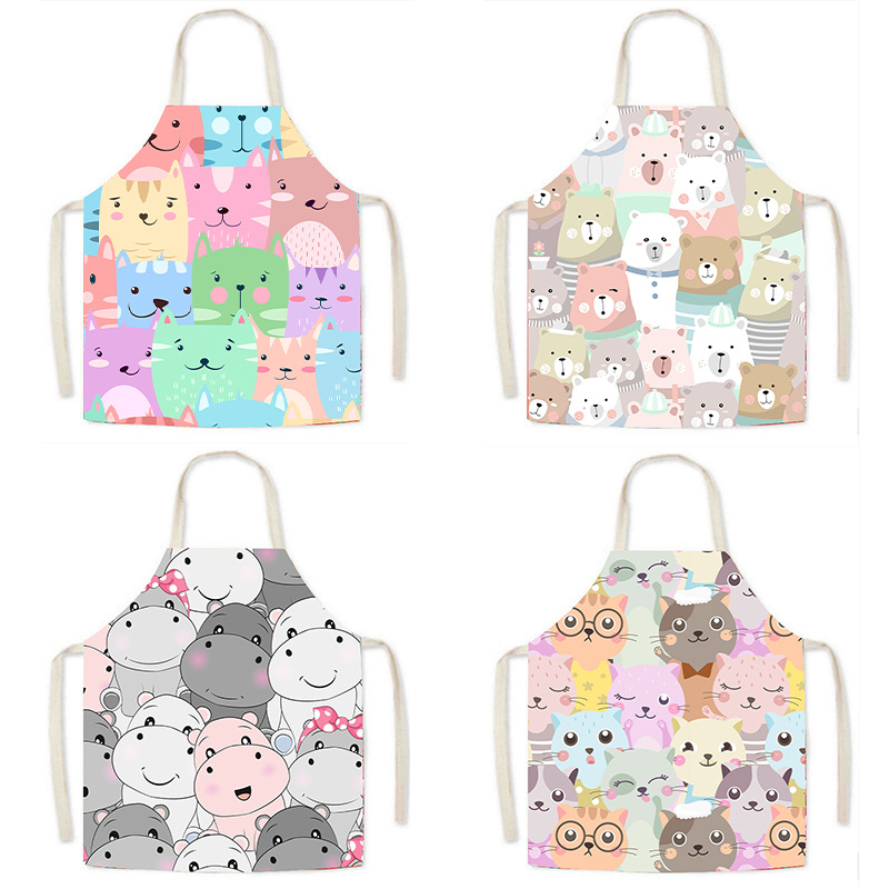 Lina imitācijas darba priekšauts Karikatūras kaķa karikatūras dzīvnieka jauks raksts pieaugušo vecāku un bērnu bezpiedurkņu vidukļa mājsaimniecības priekšauts