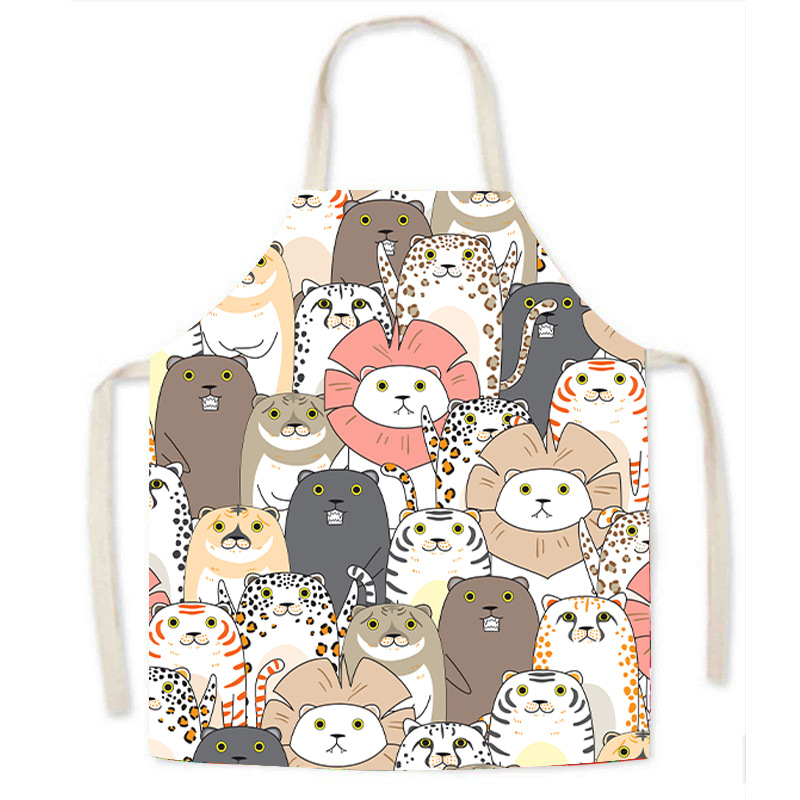 Ποδιά εργασίας από απομίμηση λινού, κινούμενα σχέδια γάτας, κινούμενα σχέδια ζώων, χαριτωμένο σχέδιο, ενήλικας γονέας-παιδί, αμάνικη μέση, οικιακή ποδιά