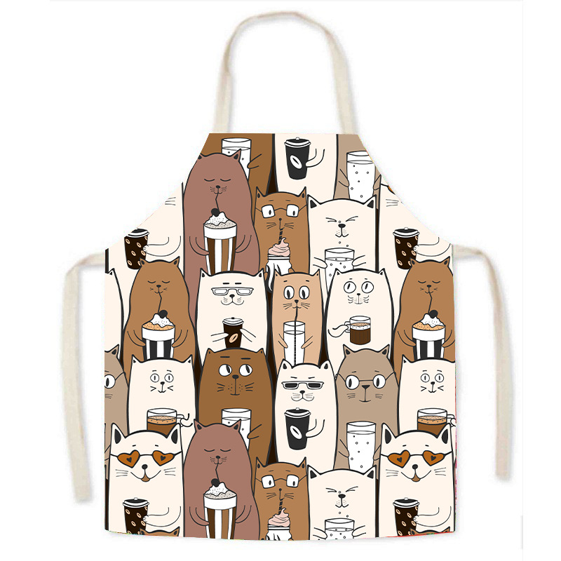 Ποδιά εργασίας από απομίμηση λινού, κινούμενα σχέδια γάτας, κινούμενα σχέδια ζώων, χαριτωμένο σχέδιο, ενήλικας γονέας-παιδί, αμάνικη μέση, οικιακή ποδιά