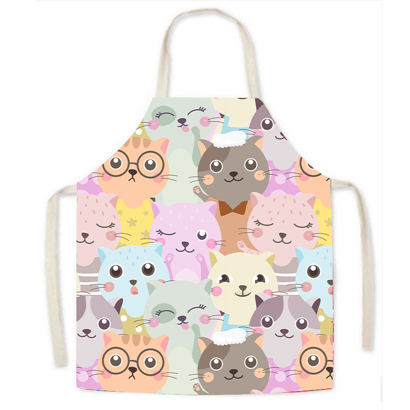 Ποδιά εργασίας από απομίμηση λινού, κινούμενα σχέδια γάτας, κινούμενα σχέδια ζώων, χαριτωμένο σχέδιο, ενήλικας γονέας-παιδί, αμάνικη μέση, οικιακή ποδιά