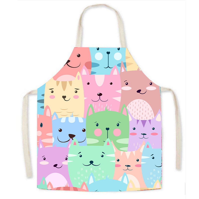 Ποδιά εργασίας από απομίμηση λινού, κινούμενα σχέδια γάτας, κινούμενα σχέδια ζώων, χαριτωμένο σχέδιο, ενήλικας γονέας-παιδί, αμάνικη μέση, οικιακή ποδιά