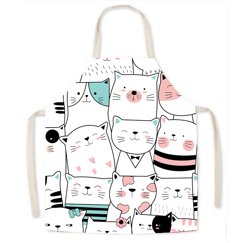 Ποδιά εργασίας από απομίμηση λινού, κινούμενα σχέδια γάτας, κινούμενα σχέδια ζώων, χαριτωμένο σχέδιο, ενήλικας γονέας-παιδί, αμάνικη μέση, οικιακή ποδιά