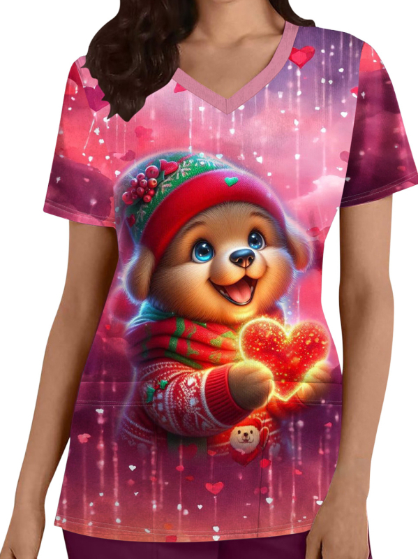 Xiyin TEMU Comerț exterior Diverse imagini Drăguț submarin Animal Imprimat 3D V-Neck mânecă scurtă Top haine de asistente medicale