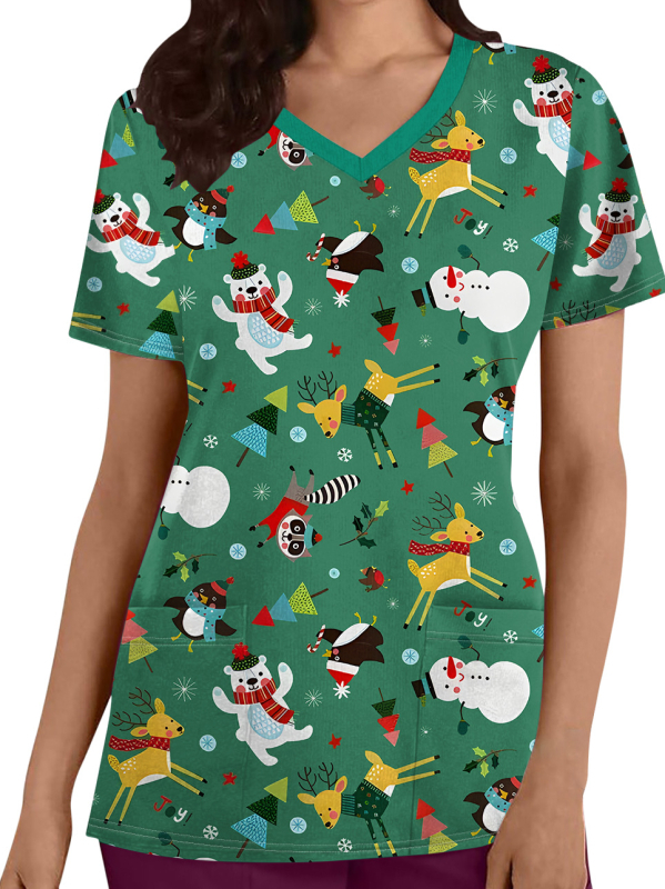 Xiyin TEMU Comerț exterior Diverse imagini Drăguț submarin Animal Imprimat 3D V-Neck mânecă scurtă Top haine de asistente medicale