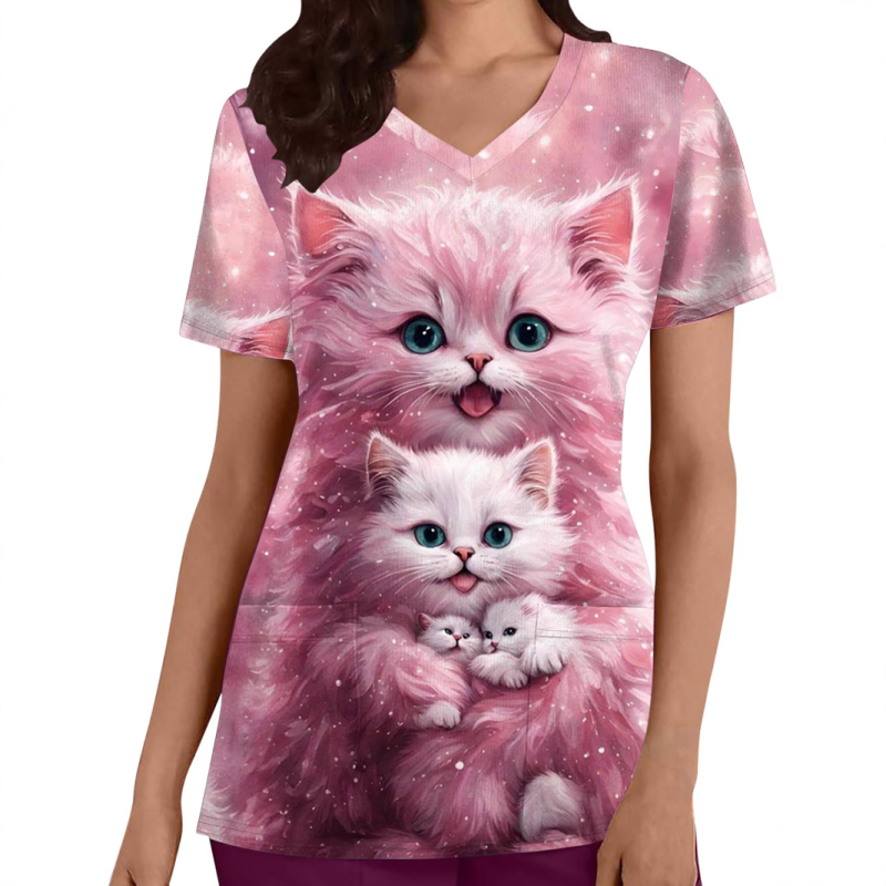 Xiyin TEMU Comerț exterior Diverse imagini Drăguț submarin Animal Imprimat 3D V-Neck mânecă scurtă Top haine de asistente medicale