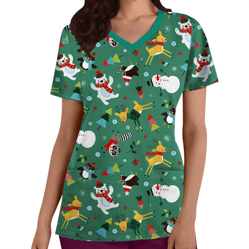 Xiyin TEMU Comerț exterior Diverse imagini Drăguț submarin Animal Imprimat 3D V-Neck mânecă scurtă Top haine de asistente medicale