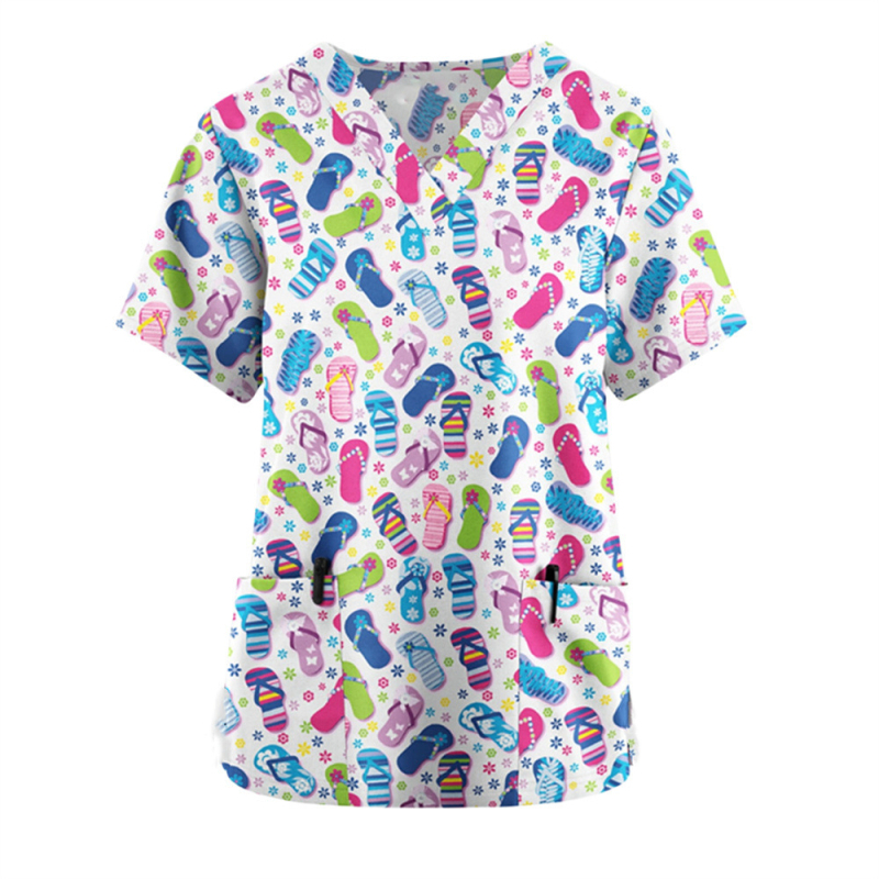 2024 Nové cezhraničné tričko do práce, oblečenie s kvetinovým vzorom a 3D potlačou, európske a americké voľné ležérne oblečenie pre dámy, oblečenie pre zdravotné sestry