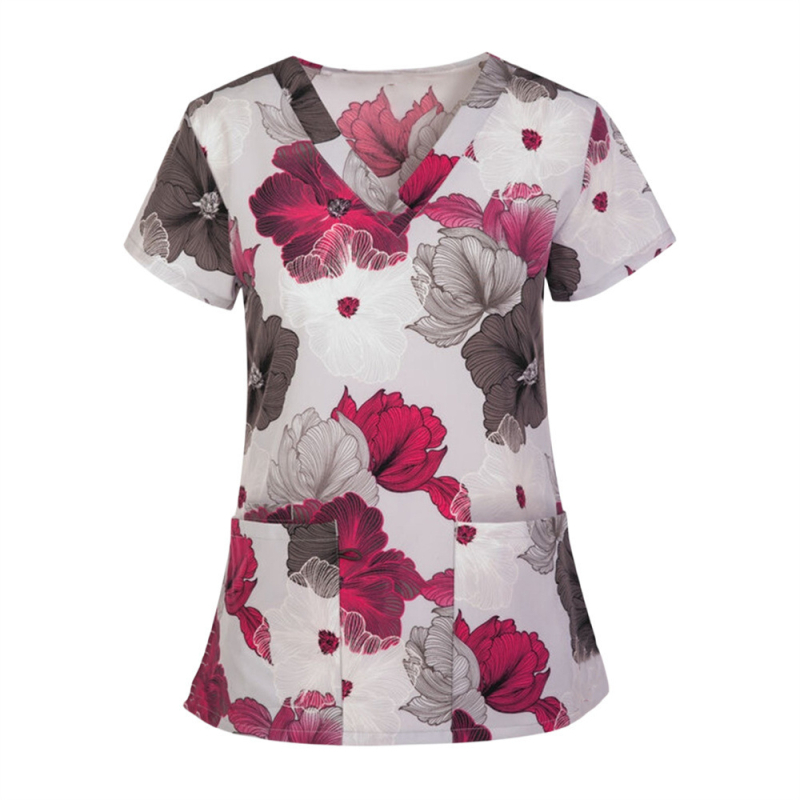 2024 Nové cezhraničné tričko do práce, oblečenie s kvetinovým vzorom a 3D potlačou, európske a americké voľné ležérne oblečenie pre dámy, oblečenie pre zdravotné sestry
