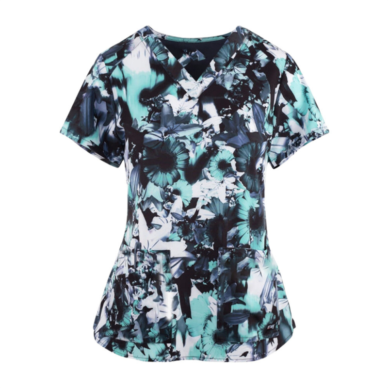 2024 Nové cezhraničné tričko do práce, oblečenie s kvetinovým vzorom a 3D potlačou, európske a americké voľné ležérne oblečenie pre dámy, oblečenie pre zdravotné sestry