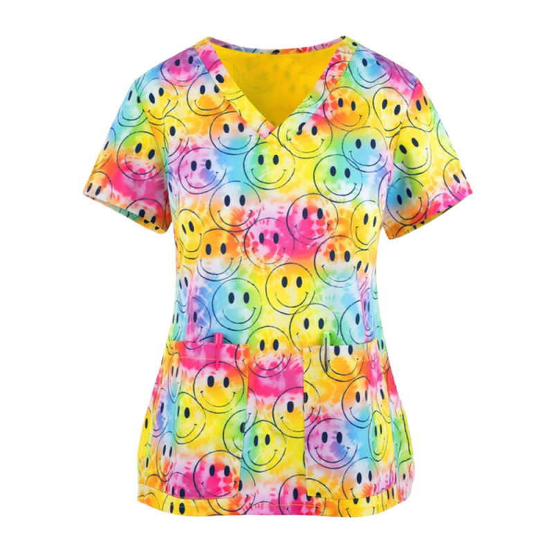 2024 Nové cezhraničné tričko do práce, oblečenie s kvetinovým vzorom a 3D potlačou, európske a americké voľné ležérne oblečenie pre dámy, oblečenie pre zdravotné sestry