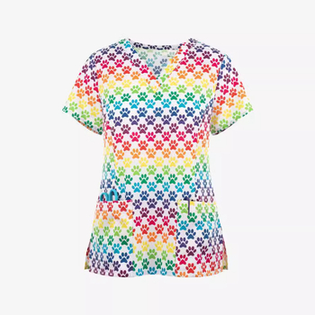 Dámske tričko s krátkym rukávom a cezhraničným predajom z Európy a Spojených štátov, oblečenie pre zdravotné sestry s malým vzorom, výstrihom do V a malým vzorom, pohodlné, s krátkym rukávom