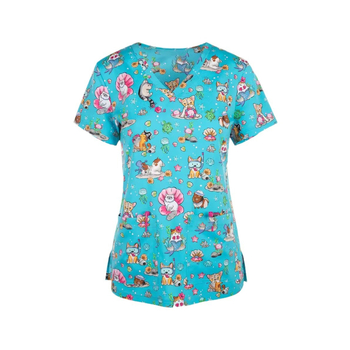 Dámske tričko s krátkym rukávom a cezhraničným predajom z Európy a Spojených štátov, oblečenie pre zdravotné sestry s malým vzorom, výstrihom do V a malým vzorom, pohodlné, s krátkym rukávom