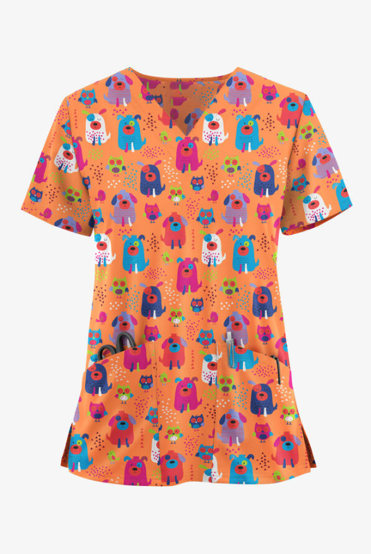 Dámske tričko s krátkym rukávom a cezhraničným predajom z Európy a Spojených štátov, oblečenie pre zdravotné sestry s malým vzorom, výstrihom do V a malým vzorom, pohodlné, s krátkym rukávom