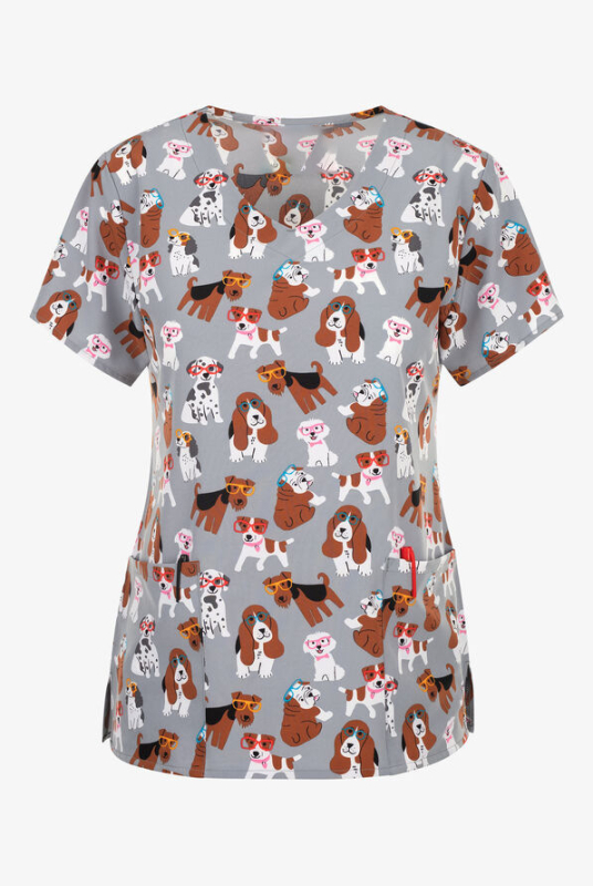 Dámske tričko s krátkym rukávom a cezhraničným predajom z Európy a Spojených štátov, oblečenie pre zdravotné sestry s malým vzorom, výstrihom do V a malým vzorom, pohodlné, s krátkym rukávom