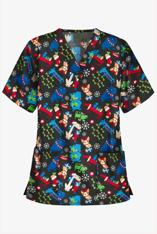 Dámske tričko s krátkym rukávom a cezhraničným predajom z Európy a Spojených štátov, oblečenie pre zdravotné sestry s malým vzorom, výstrihom do V a malým vzorom, pohodlné, s krátkym rukávom