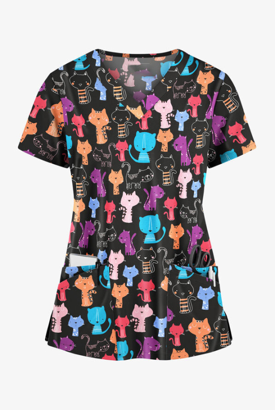 Dámske tričko s krátkym rukávom a cezhraničným predajom z Európy a Spojených štátov, oblečenie pre zdravotné sestry s malým vzorom, výstrihom do V a malým vzorom, pohodlné, s krátkym rukávom