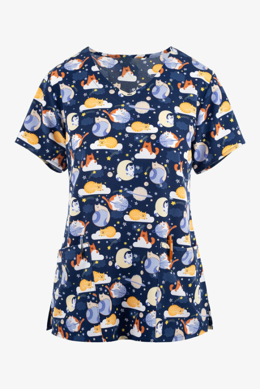 Dámske tričko s krátkym rukávom a cezhraničným predajom z Európy a Spojených štátov, oblečenie pre zdravotné sestry s malým vzorom, výstrihom do V a malým vzorom, pohodlné, s krátkym rukávom