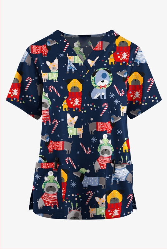 Dámske tričko s krátkym rukávom a cezhraničným predajom z Európy a Spojených štátov, oblečenie pre zdravotné sestry s malým vzorom, výstrihom do V a malým vzorom, pohodlné, s krátkym rukávom