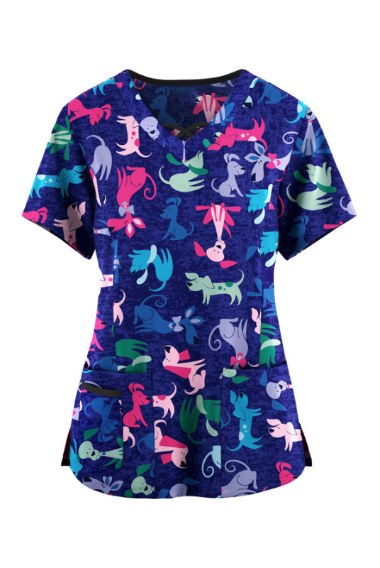 Dámske tričko s krátkym rukávom a cezhraničným predajom z Európy a Spojených štátov, oblečenie pre zdravotné sestry s malým vzorom, výstrihom do V a malým vzorom, pohodlné, s krátkym rukávom