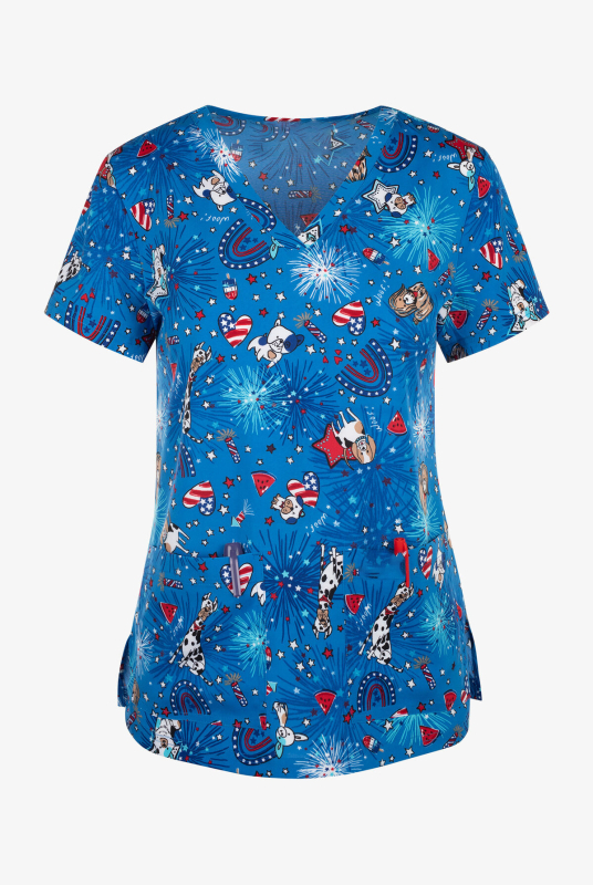 Dámske tričko s krátkym rukávom a cezhraničným predajom z Európy a Spojených štátov, oblečenie pre zdravotné sestry s malým vzorom, výstrihom do V a malým vzorom, pohodlné, s krátkym rukávom