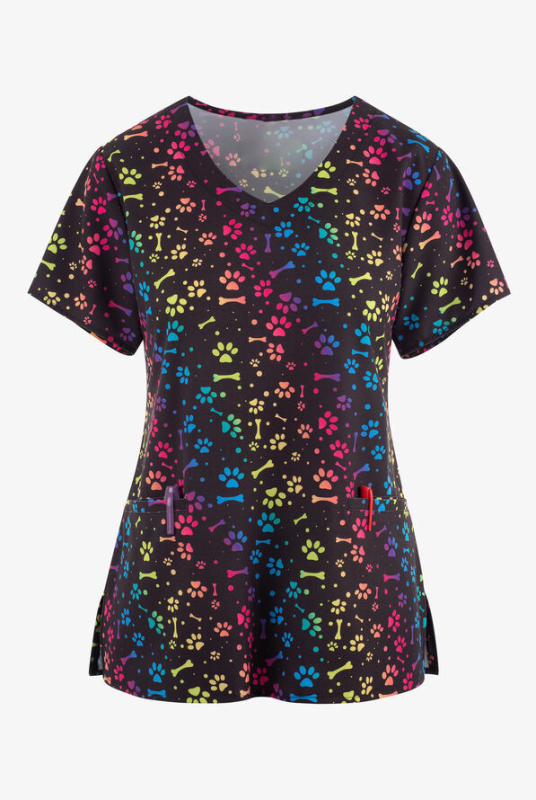 Dámske tričko s krátkym rukávom a cezhraničným predajom z Európy a Spojených štátov, oblečenie pre zdravotné sestry s malým vzorom, výstrihom do V a malým vzorom, pohodlné, s krátkym rukávom