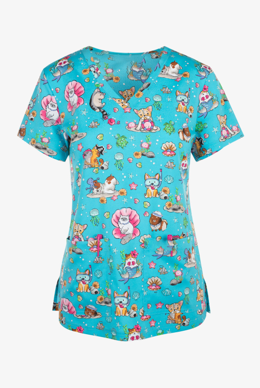 Dámske tričko s krátkym rukávom a cezhraničným predajom z Európy a Spojených štátov, oblečenie pre zdravotné sestry s malým vzorom, výstrihom do V a malým vzorom, pohodlné, s krátkym rukávom