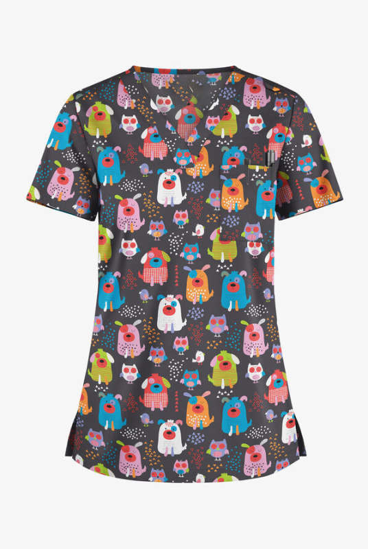 Dámske tričko s krátkym rukávom a cezhraničným predajom z Európy a Spojených štátov, oblečenie pre zdravotné sestry s malým vzorom, výstrihom do V a malým vzorom, pohodlné, s krátkym rukávom