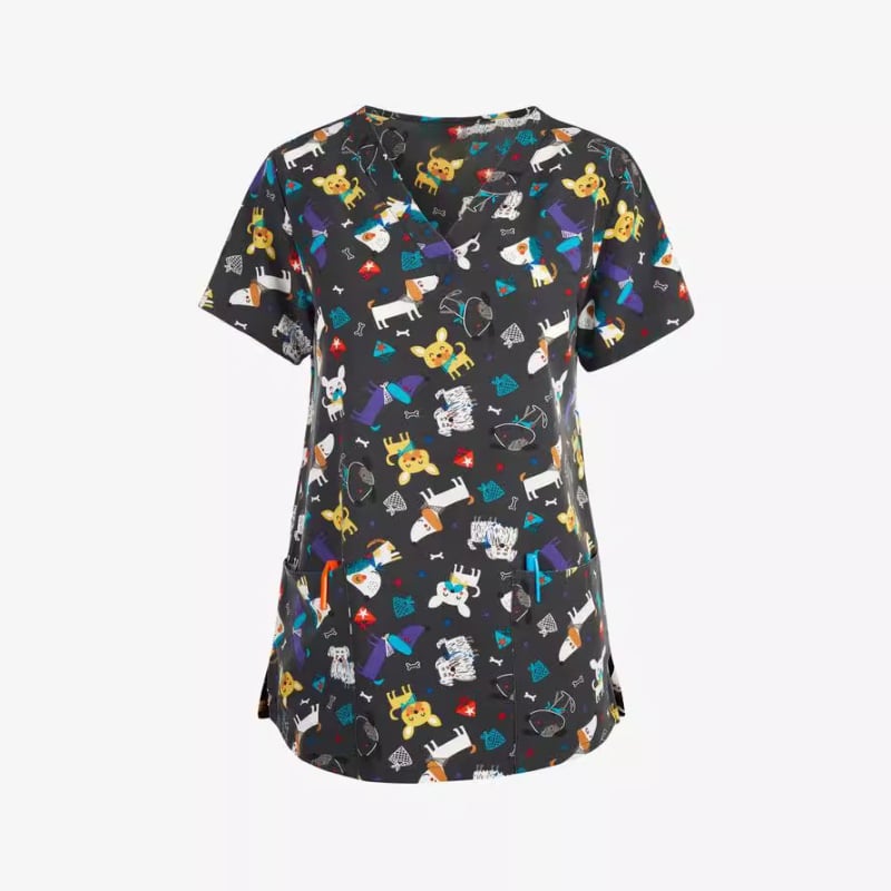 Dámske tričko s krátkym rukávom a cezhraničným predajom z Európy a Spojených štátov, oblečenie pre zdravotné sestry s malým vzorom, výstrihom do V a malým vzorom, pohodlné, s krátkym rukávom