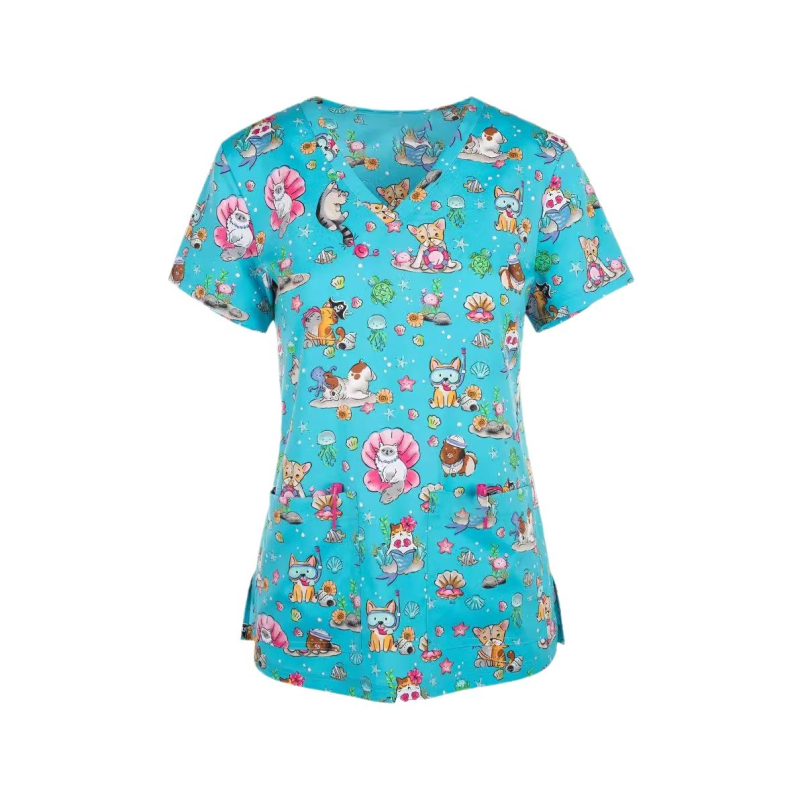 Dámske tričko s krátkym rukávom a cezhraničným predajom z Európy a Spojených štátov, oblečenie pre zdravotné sestry s malým vzorom, výstrihom do V a malým vzorom, pohodlné, s krátkym rukávom