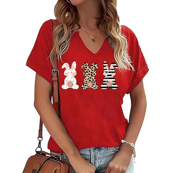 Amazon Easter SRETAN USKRS Nova ženska majica kratkih rukava s V-izrezom, rol rukavima i printom zečjeg jajeta
