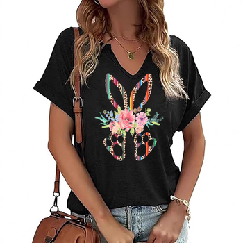 Amazon Easter SRETAN USKRS Nova ženska majica kratkih rukava s V-izrezom, rol rukavima i printom zečjeg jajeta