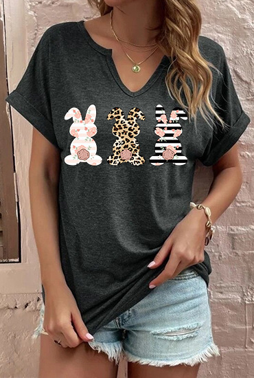 Amazon Easter SRETAN USKRS Nova ženska majica kratkih rukava s V-izrezom, rol rukavima i printom zečjeg jajeta