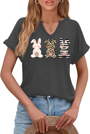 Amazon Easter SRETAN USKRS Nova ženska majica kratkih rukava s V-izrezom, rol rukavima i printom zečjeg jajeta