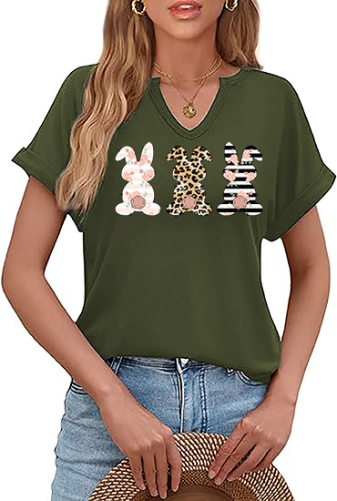 Amazon Easter SRETAN USKRS Nova ženska majica kratkih rukava s V-izrezom, rol rukavima i printom zečjeg jajeta